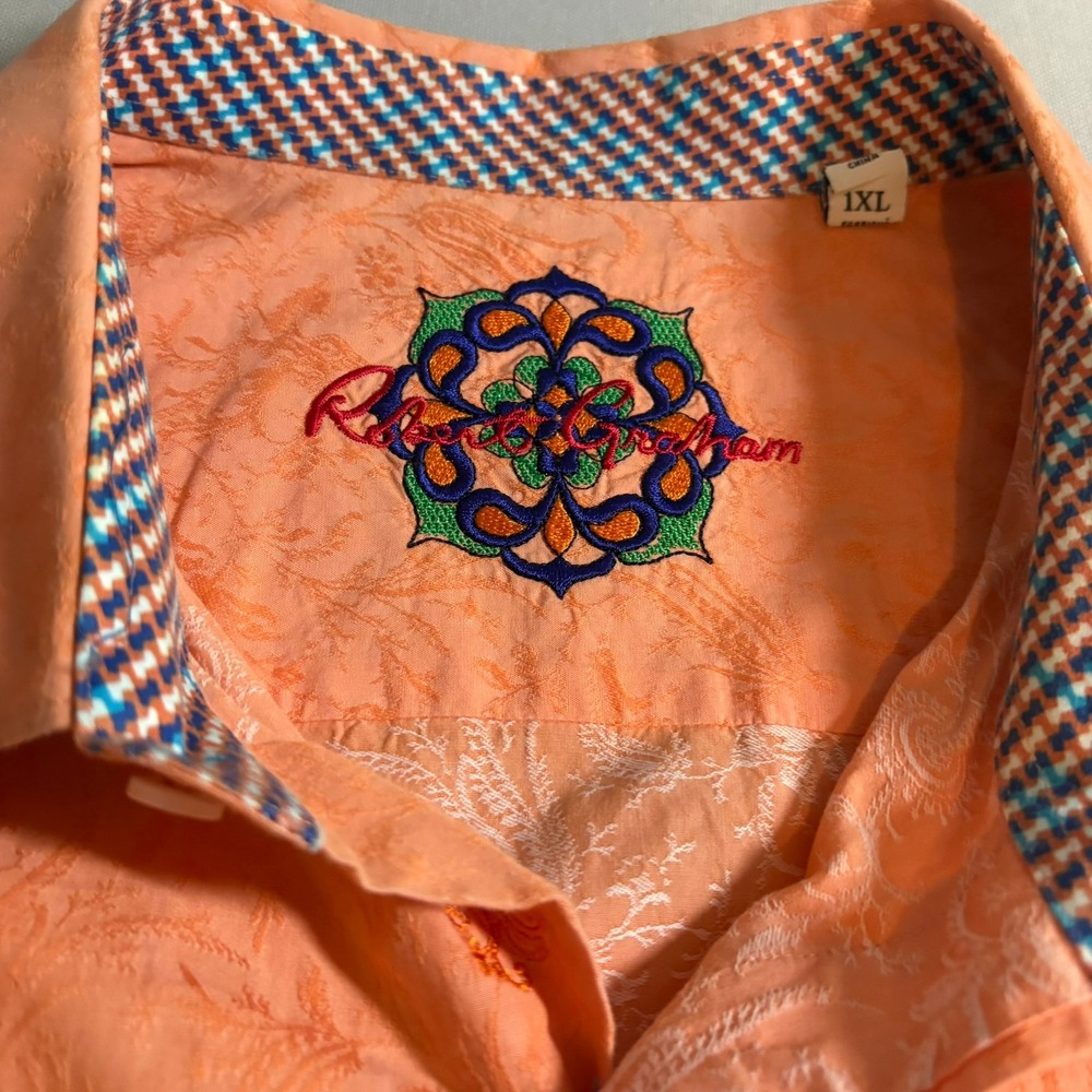 Robert Graham Button Down Shirt 1XL Orange Paisley Jacquard Short Sleeve Trim